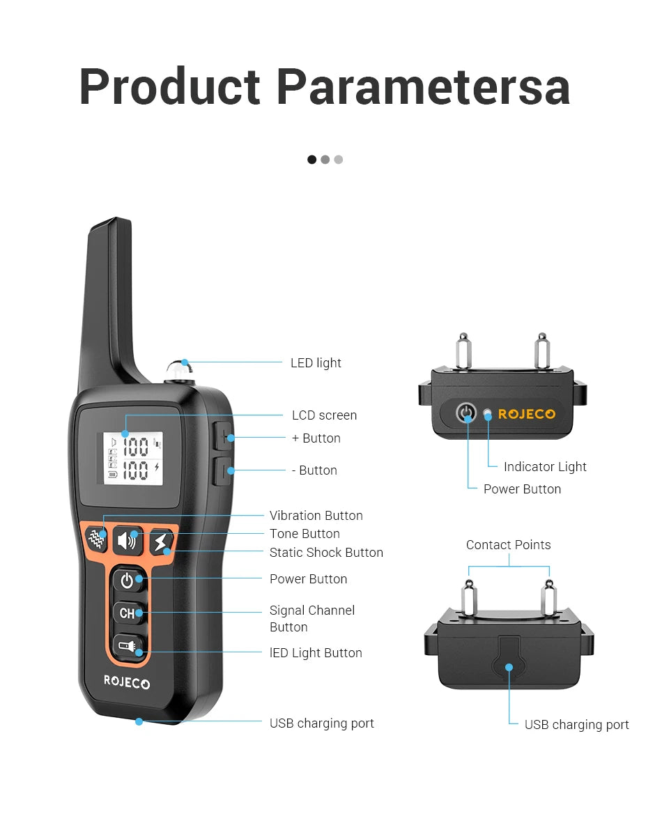 ROJECO 1000m Electric Dog Training Collar Remote Control Training Collar For Pet Rechargeable Dog Bark Control Stop Shock Collar - The Prime Shop