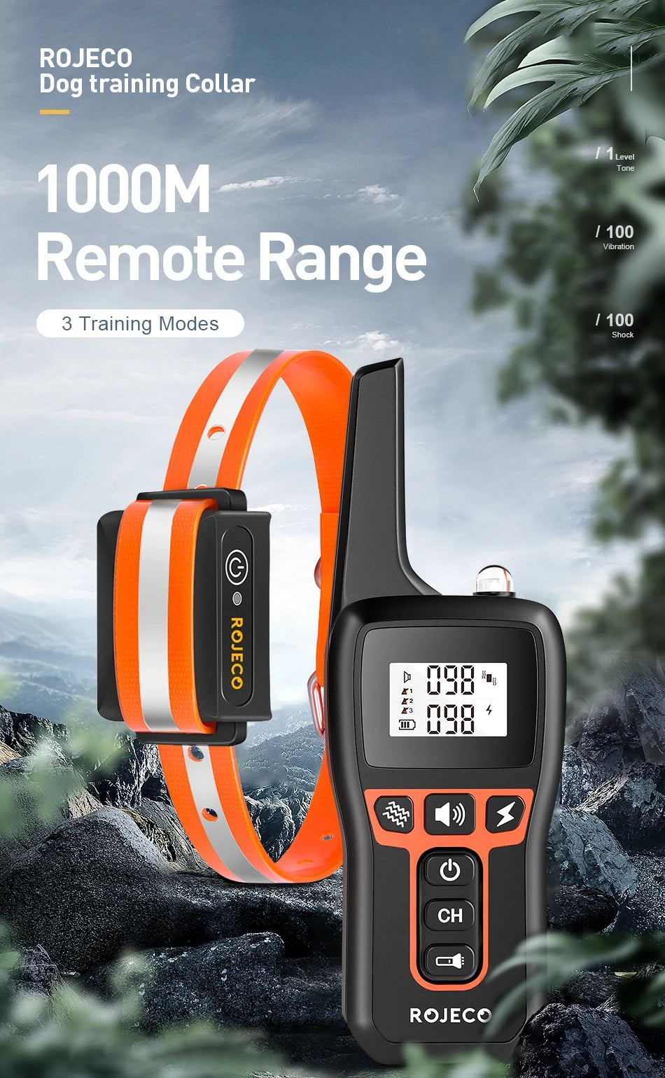 ROJECO 1000m Electric Dog Training Collar Remote Control Training Collar For Pet Rechargeable Dog Bark Control Stop Shock Collar - The Prime Shop