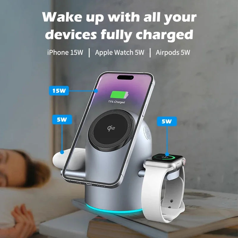 3-in-1 Auto Rotation Qi2 Wireless Charging Station – Magnetic Fast Charger for iPhone, iWatch & AirPods