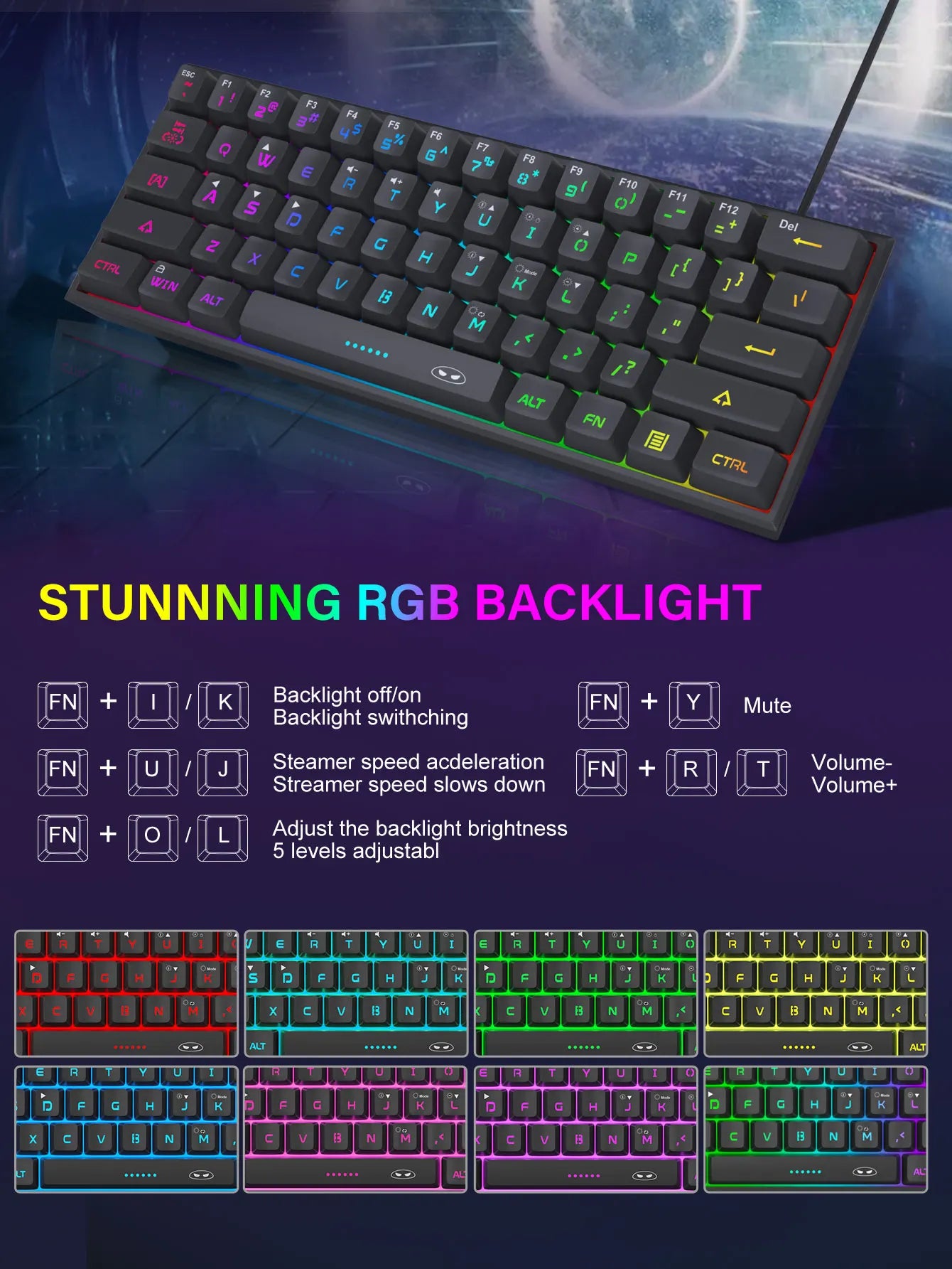 Mini Gaming Keyboard – RGB Backlit, 61-Key Compact, Waterproof & Ergonomic TS91 Design