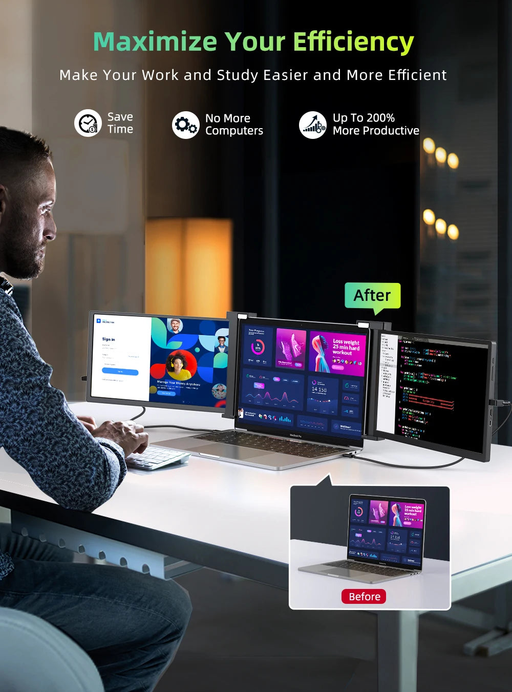 Portable Triple-Screen 14" Monitor – Full HD IPS 1080P Laptop Display Extender for 13"-16.5" Laptops - The Prime Shop