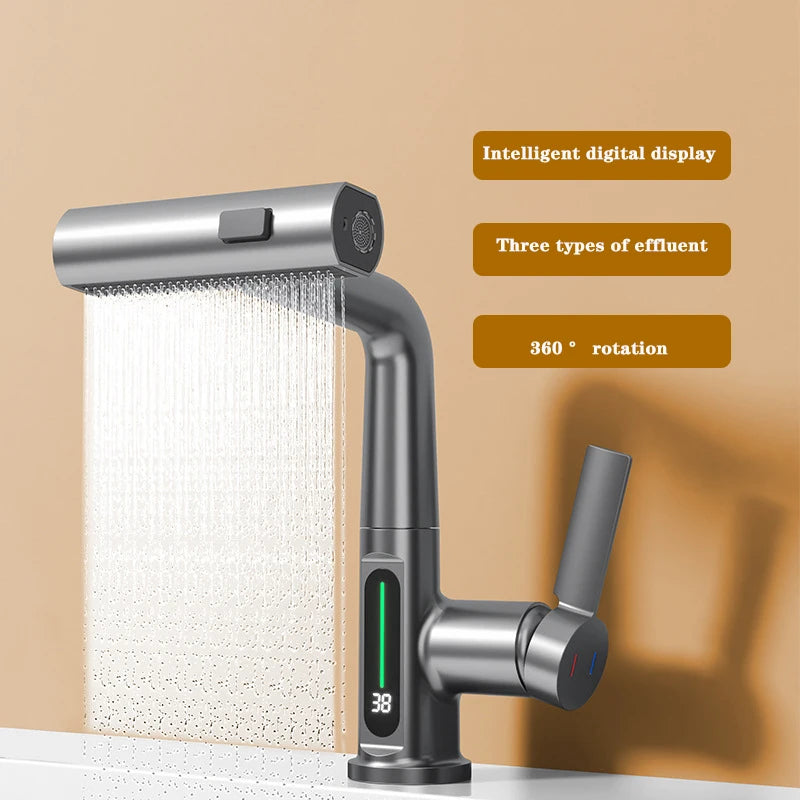 Waterfall Basin Faucet Pull-Out Kitchen & Bathroom Faucet Rainfall Temperature Digital Display No Battery SUS604 Stainless Steel - The Prime Shop