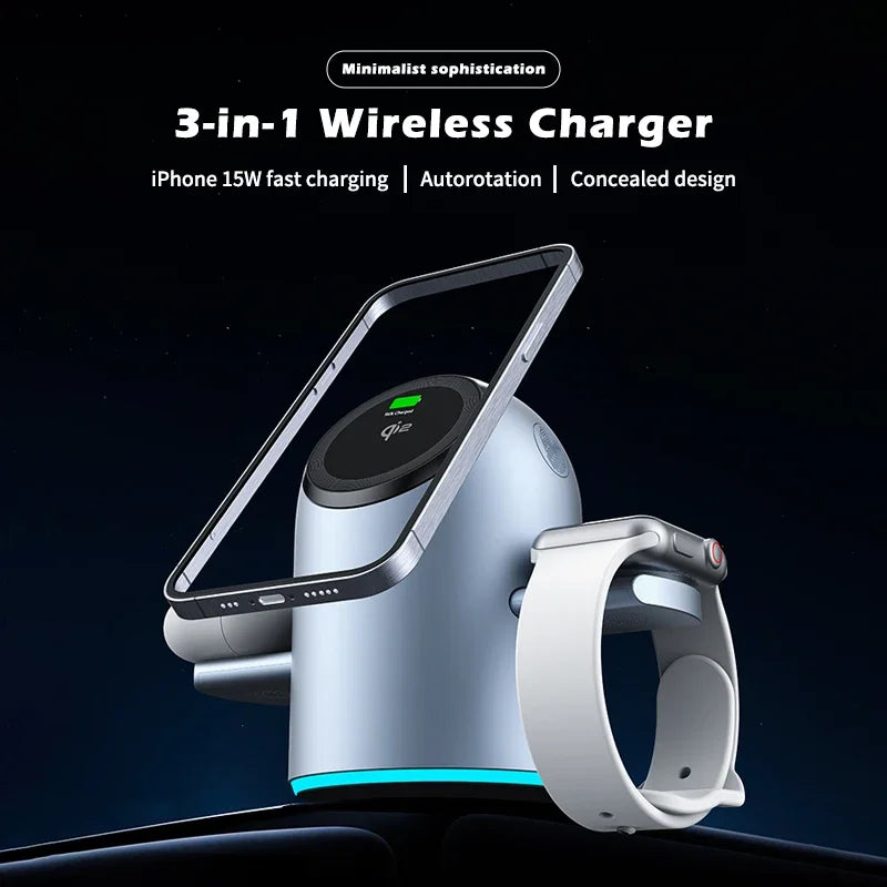 3-in-1 Auto Rotation Qi2 Wireless Charging Station – Magnetic Fast Charger for iPhone, iWatch & AirPods