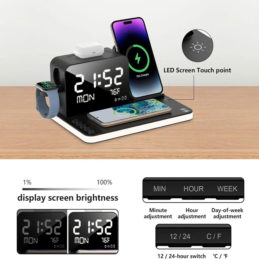 7-in-1 Dual iPhone Wireless Charging Station – Fast Charger with Clock & Night Light