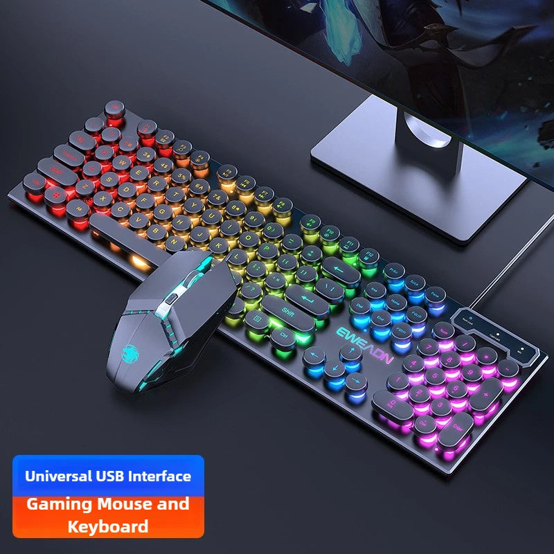 Gaming keyboard and mouse set with colorful backlighting on a desk.