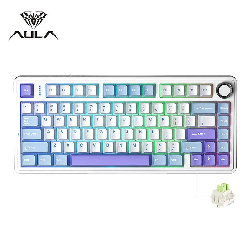 Mechanical keyboard with colorful keycaps on a white background, featuring the AULA brand.