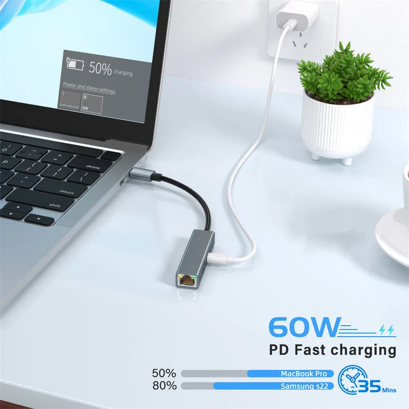 2-in-1 USB-C Network Card – PD 60W Fast Charging & 1000Mbps Ethernet Adapter for PC & Laptop