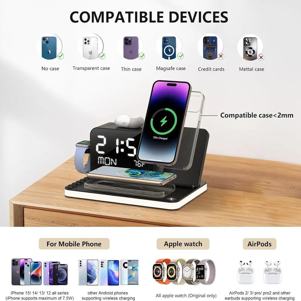 7-in-1 Dual iPhone Wireless Charging Station – Fast Charger with Clock & Night Light