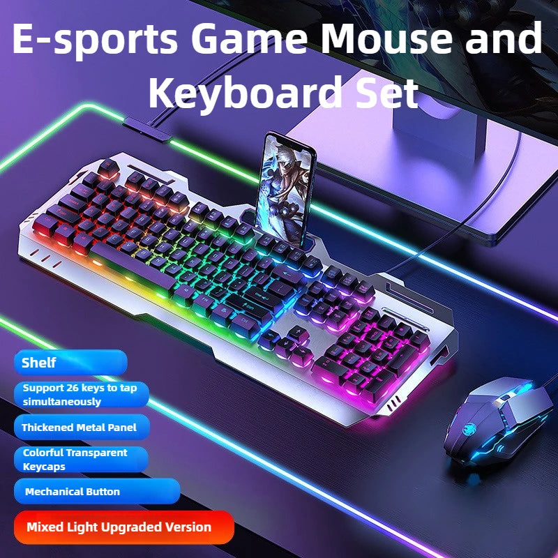 E-sports game mouse and keyboard set with colorful lighting on a dark background
