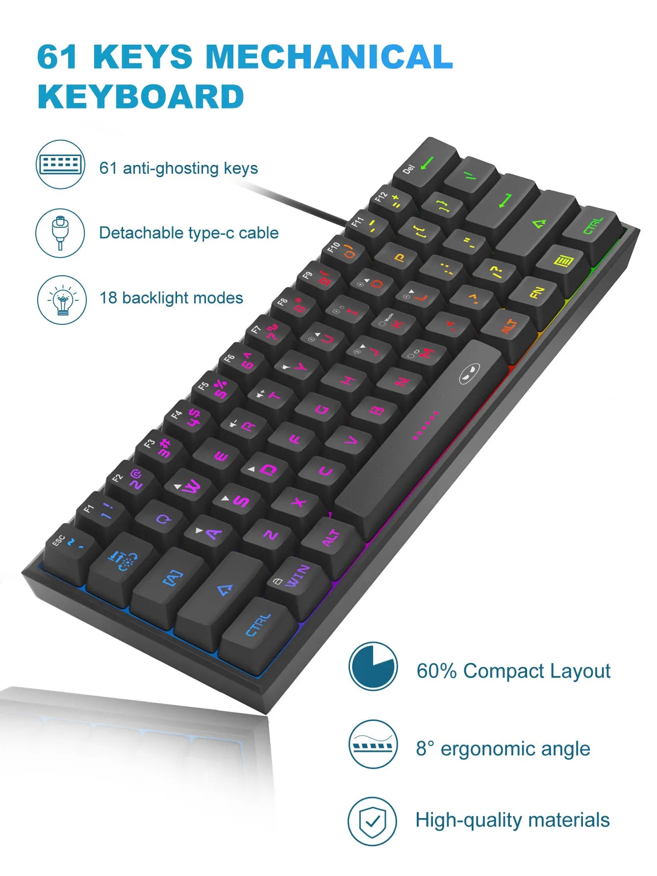 Mini Gaming Keyboard – RGB Backlit, 61-Key Compact, Waterproof & Ergonomic TS91 Design