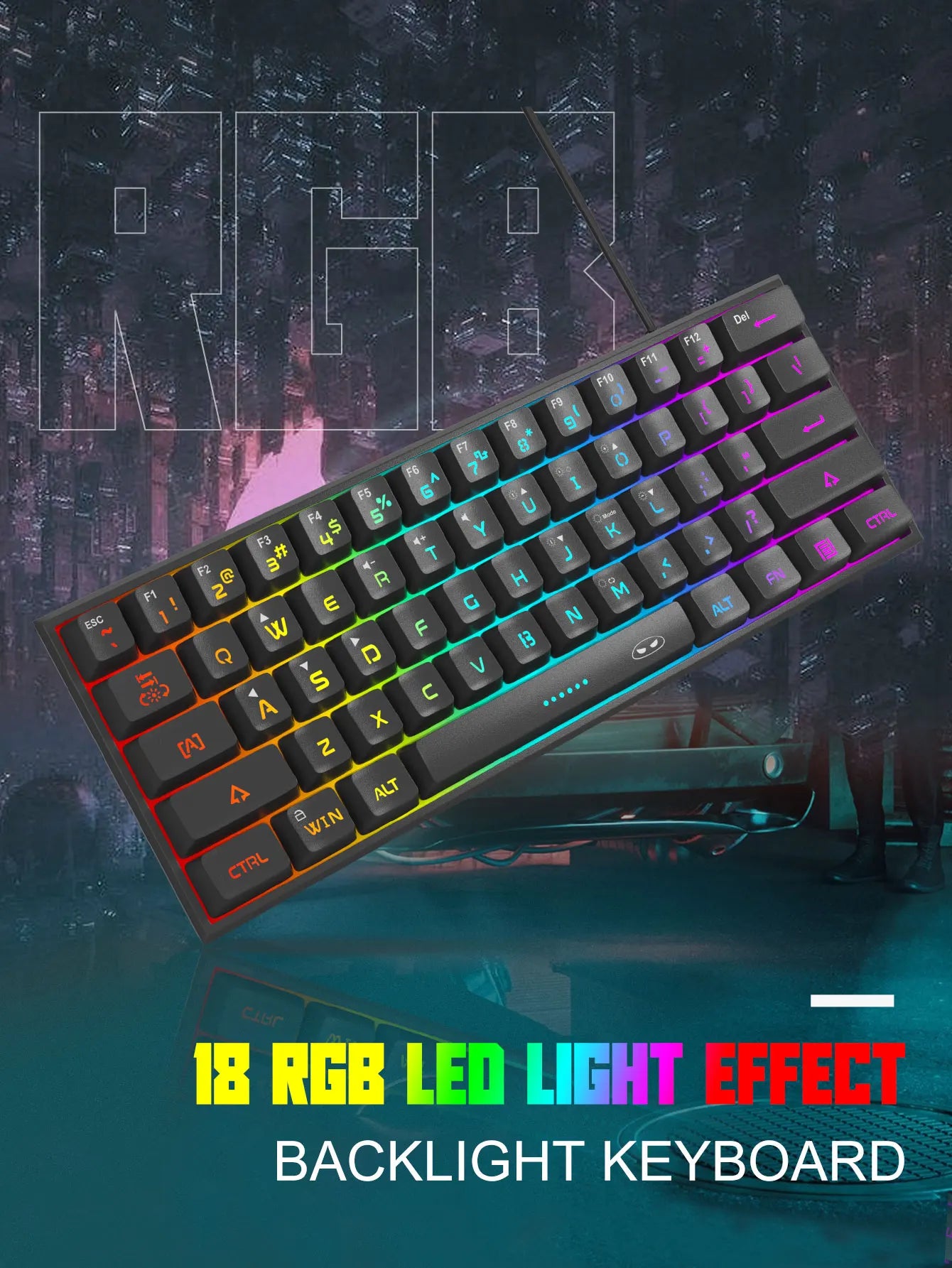 Mini Gaming Keyboard – RGB Backlit, 61-Key Compact, Waterproof & Ergonomic TS91 Design