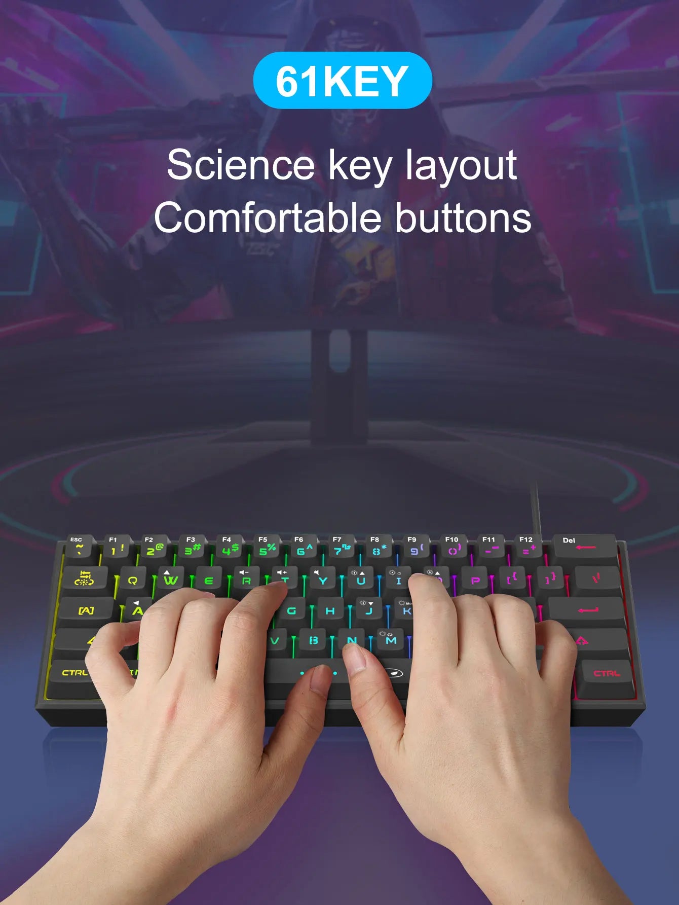 Mini Gaming Keyboard – RGB Backlit, 61-Key Compact, Waterproof & Ergonomic TS91 Design