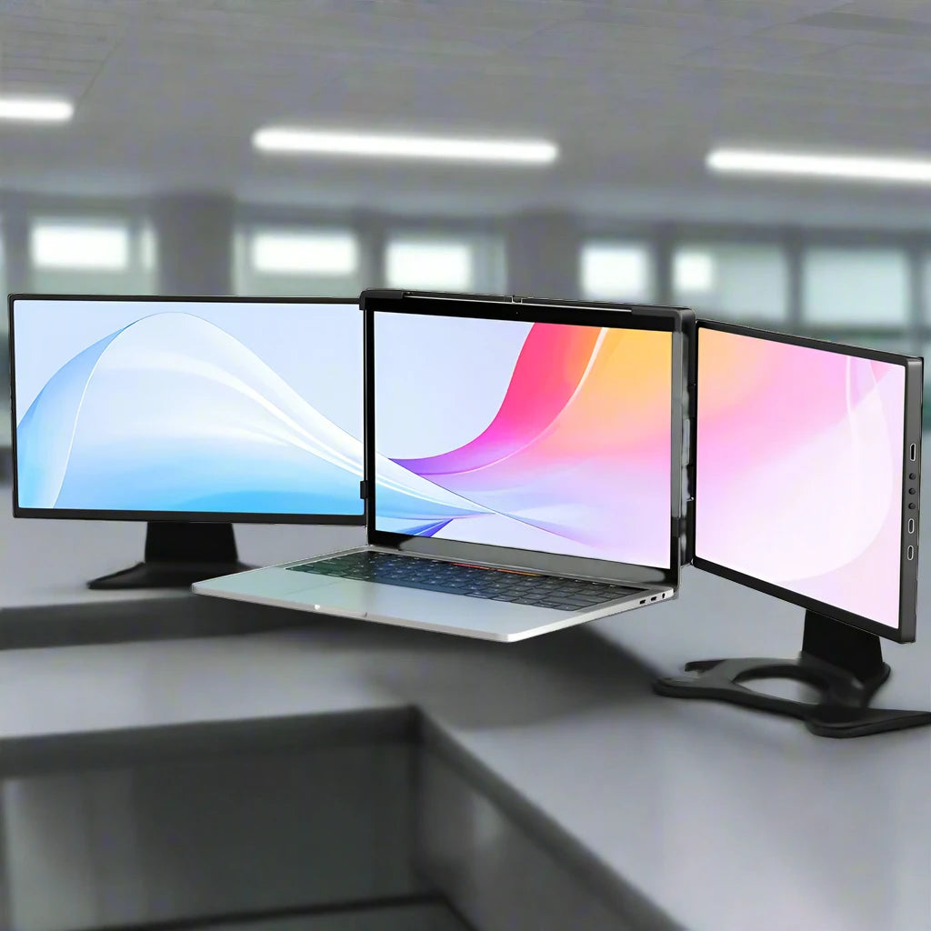 Portable Triple-Screen 14" Monitor – Full HD IPS 1080P Laptop Display Extender for 13"-16.5" Laptops - The Prime Shop