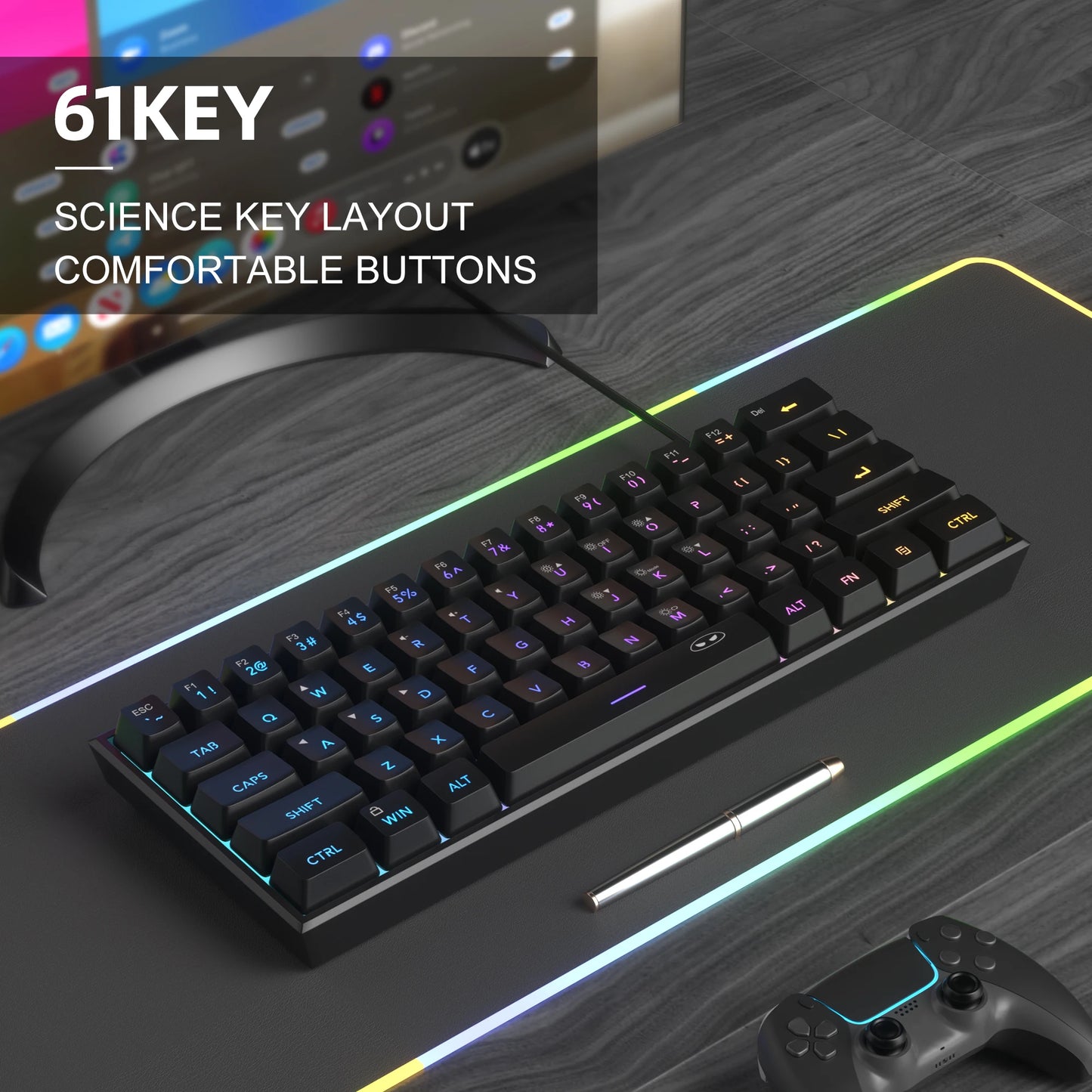 Mini Gaming Keyboard – RGB Backlit, 61-Key Compact, Waterproof & Ergonomic TS91 Design