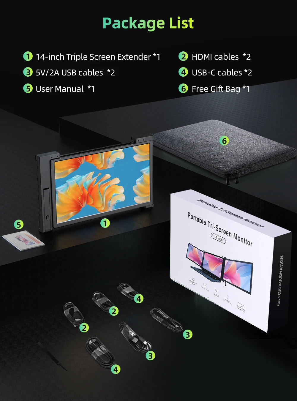 Portable Triple-Screen 14" Monitor – Full HD IPS 1080P Laptop Display Extender for 13"-16.5" Laptops - The Prime Shop