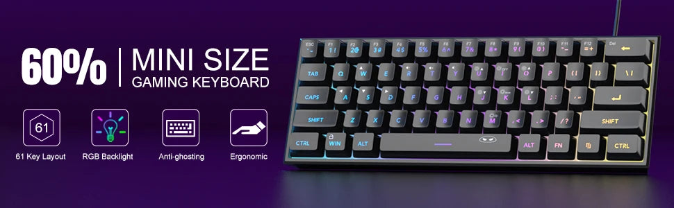 Mini Gaming Keyboard – RGB Backlit, 61-Key Compact, Waterproof & Ergonomic TS91 Design