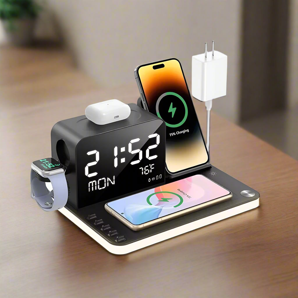 7-in-1 Dual iPhone Wireless Charging Station – Fast Charger with Clock & Night Light