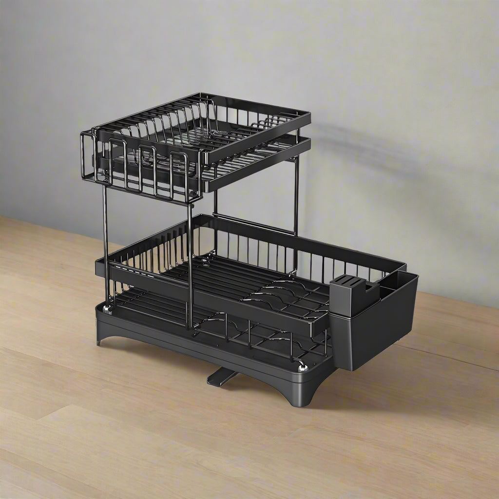 Black two-tier dish rack with dimensions on a white background