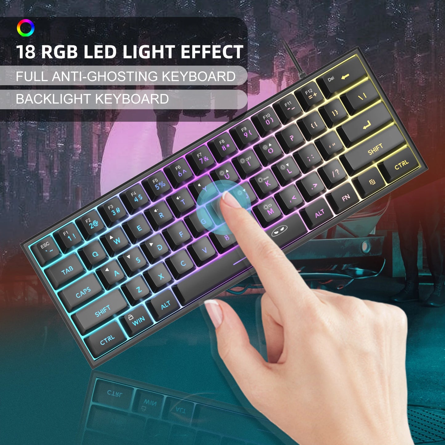 Mini Gaming Keyboard – RGB Backlit, 61-Key Compact, Waterproof & Ergonomic TS91 Design