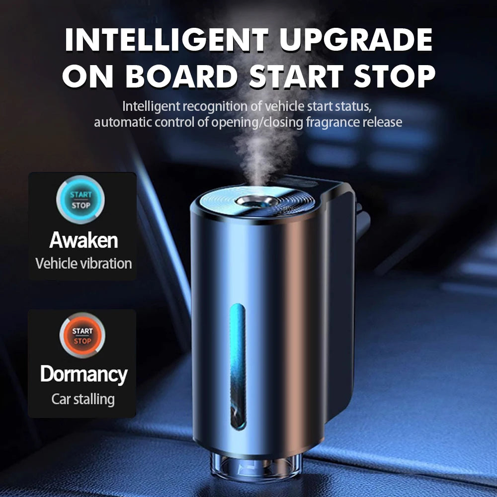 Car air freshener with intelligent start-stop feature on a vehicle interior background