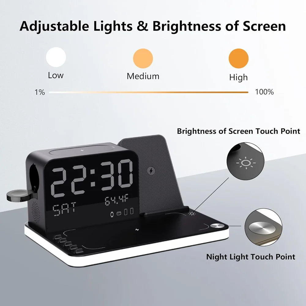 7-in-1 Dual iPhone Wireless Charging Station – Fast Charger with Clock & Night Light