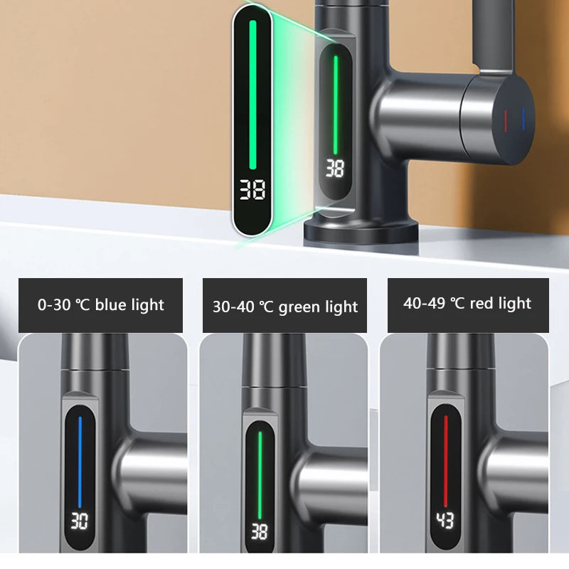 Waterfall Basin Faucet Pull-Out Kitchen & Bathroom Faucet Rainfall Temperature Digital Display No Battery SUS604 Stainless Steel - The Prime Shop