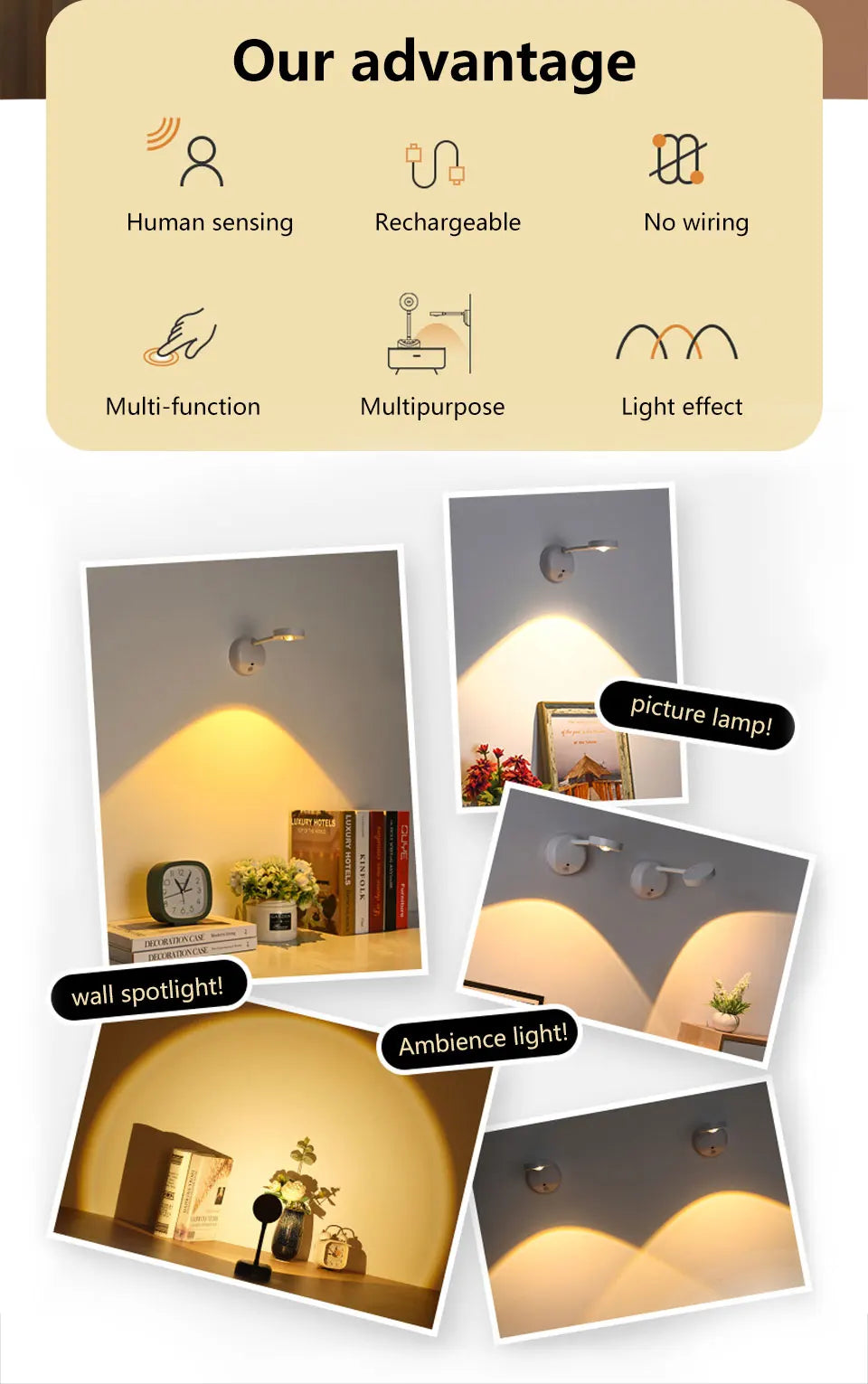 Rechargeable Induction Wall Spotlight – Adjustable Brightness, Three Colors, Punch-Free - The Prime Shop