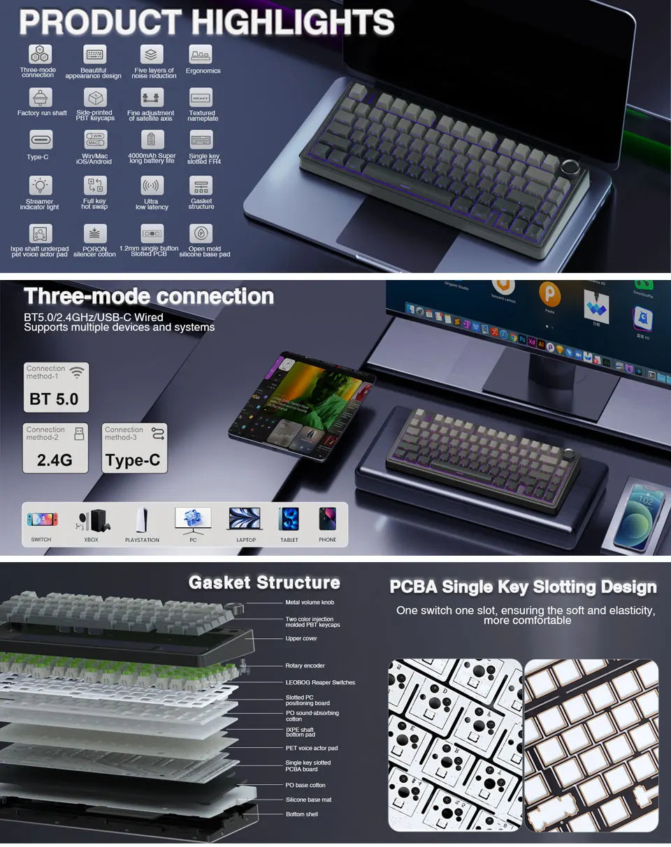 RGB Mechanical Gaming Keyboard – Gasket Mounted, Side-Engraved PBT Gradient Keycaps, 80 Keys