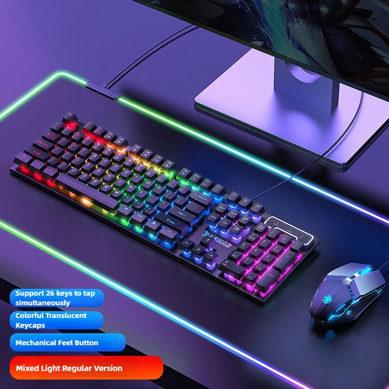 Gaming keyboard with RGB lighting on a desk setup with a mouse and monitor.