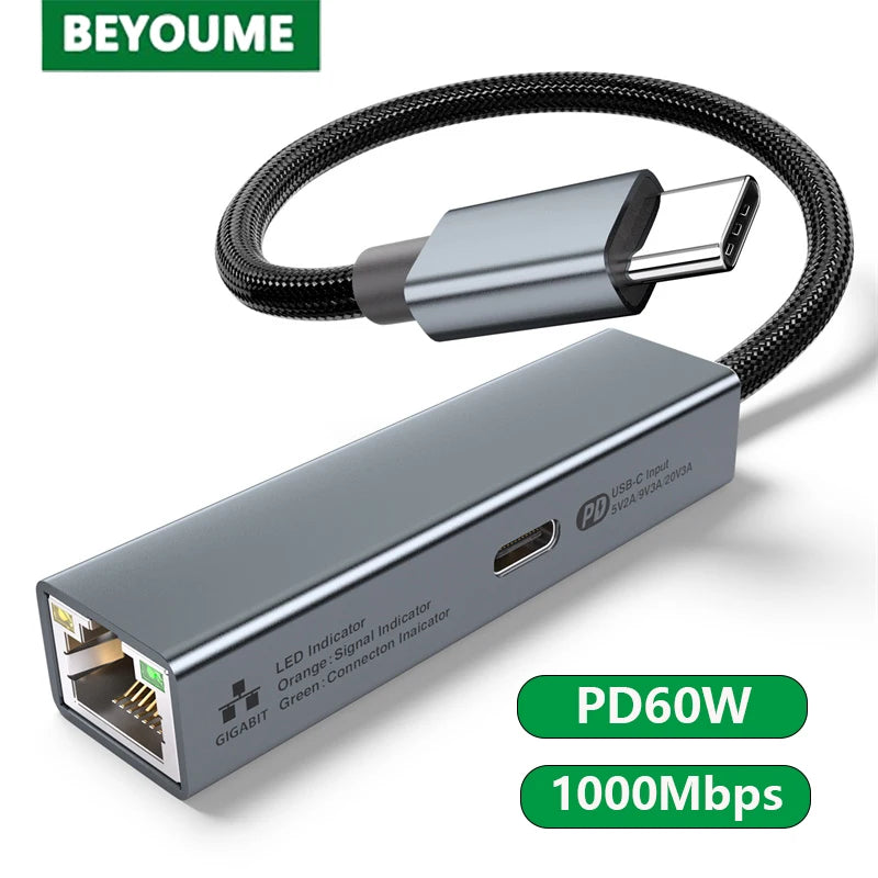 2-in-1 USB-C Network Card – PD 60W Fast Charging & 1000Mbps Ethernet Adapter for PC & Laptop