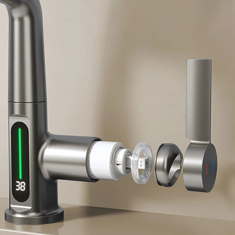 Waterfall Basin Faucet Pull-Out Kitchen & Bathroom Faucet Rainfall Temperature Digital Display No Battery SUS604 Stainless Steel - The Prime Shop