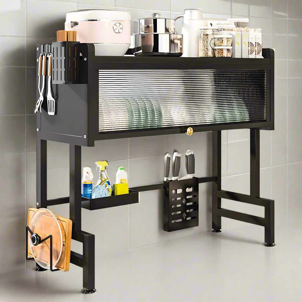 Black kitchen cart with various utensils and items on a white background