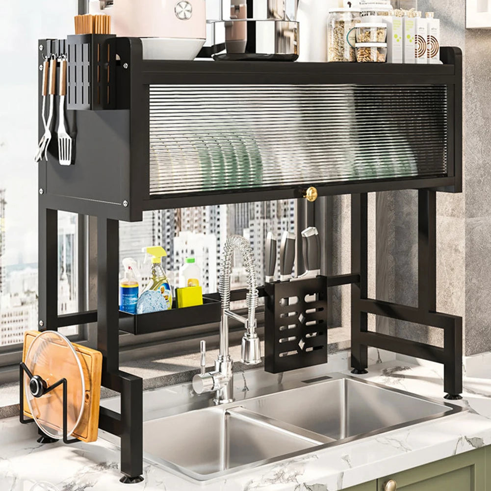 3-Tier Over-the-Sink Dish Rack – Steel Kitchen Organizer with Cover & Drain Shelf System
