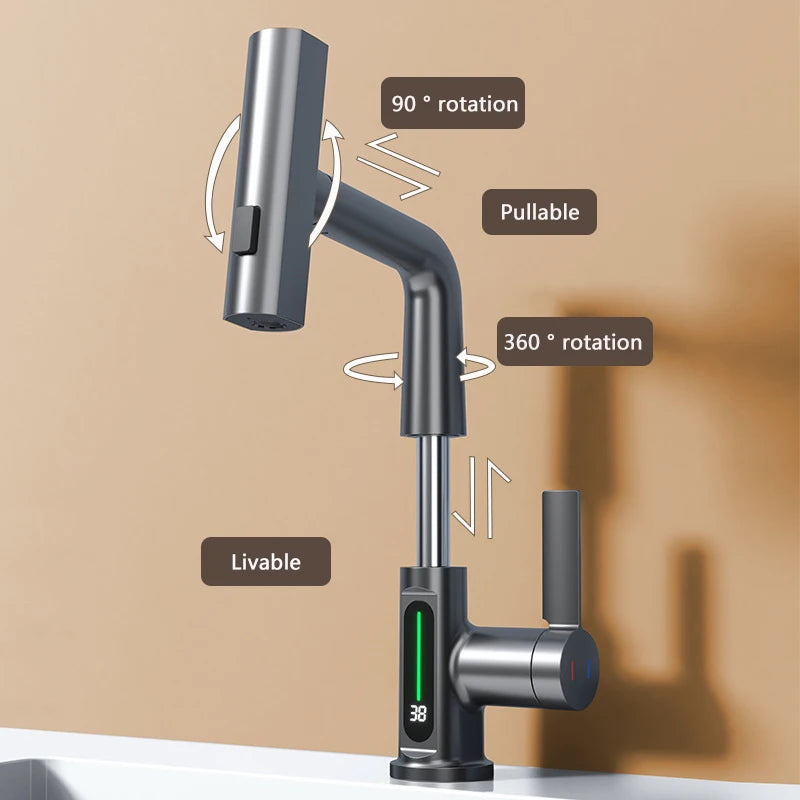 Waterfall Basin Faucet Pull-Out Kitchen & Bathroom Faucet Rainfall Temperature Digital Display No Battery SUS604 Stainless Steel - The Prime Shop