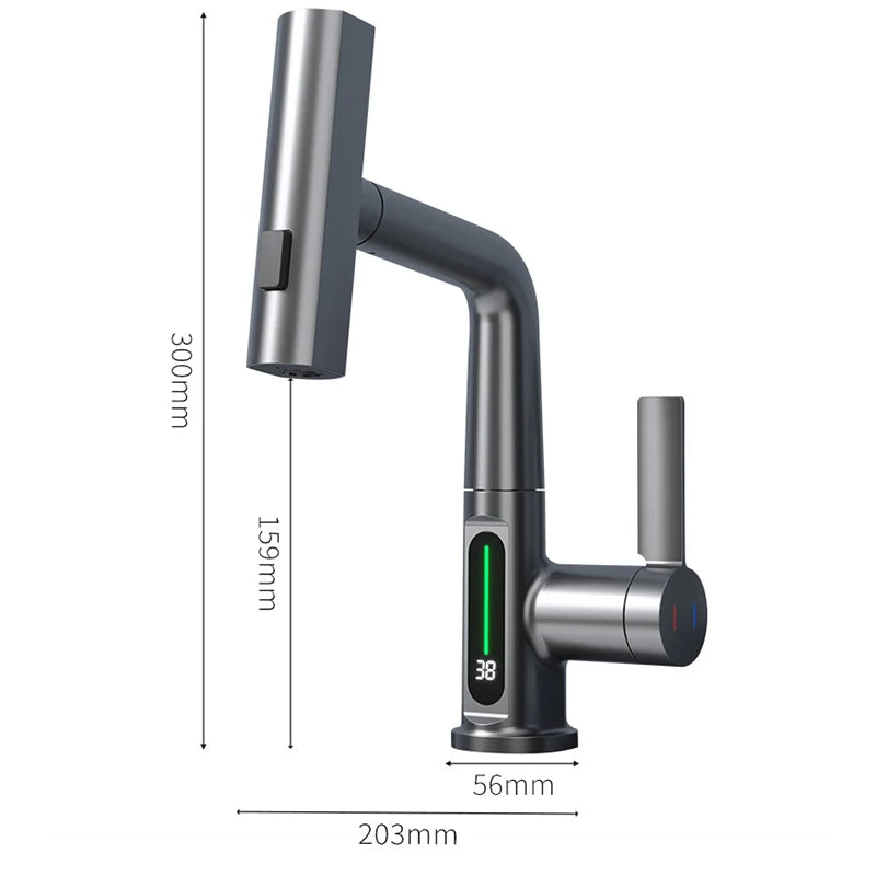 Waterfall Basin Faucet Pull-Out Kitchen & Bathroom Faucet Rainfall Temperature Digital Display No Battery SUS604 Stainless Steel - The Prime Shop
