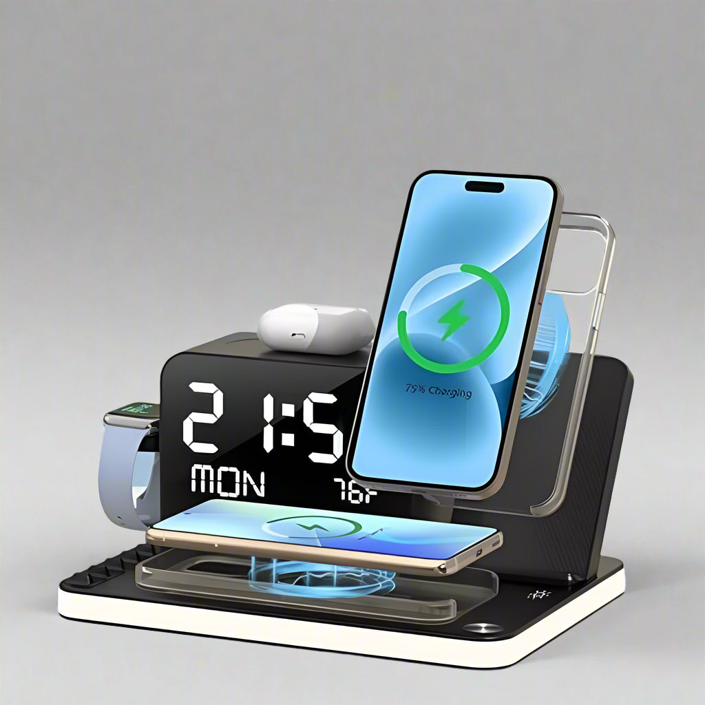 7-in-1 Dual iPhone Wireless Charging Station – Fast Charger with Clock & Night Light