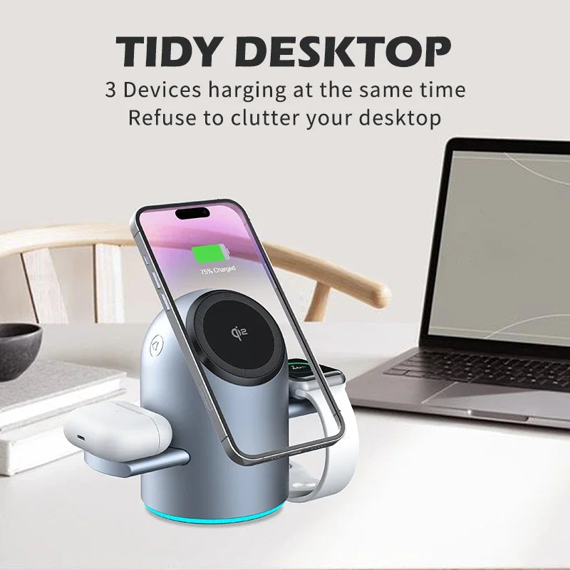 3-in-1 Auto Rotation Qi2 Wireless Charging Station – Magnetic Fast Charger for iPhone, iWatch & AirPods