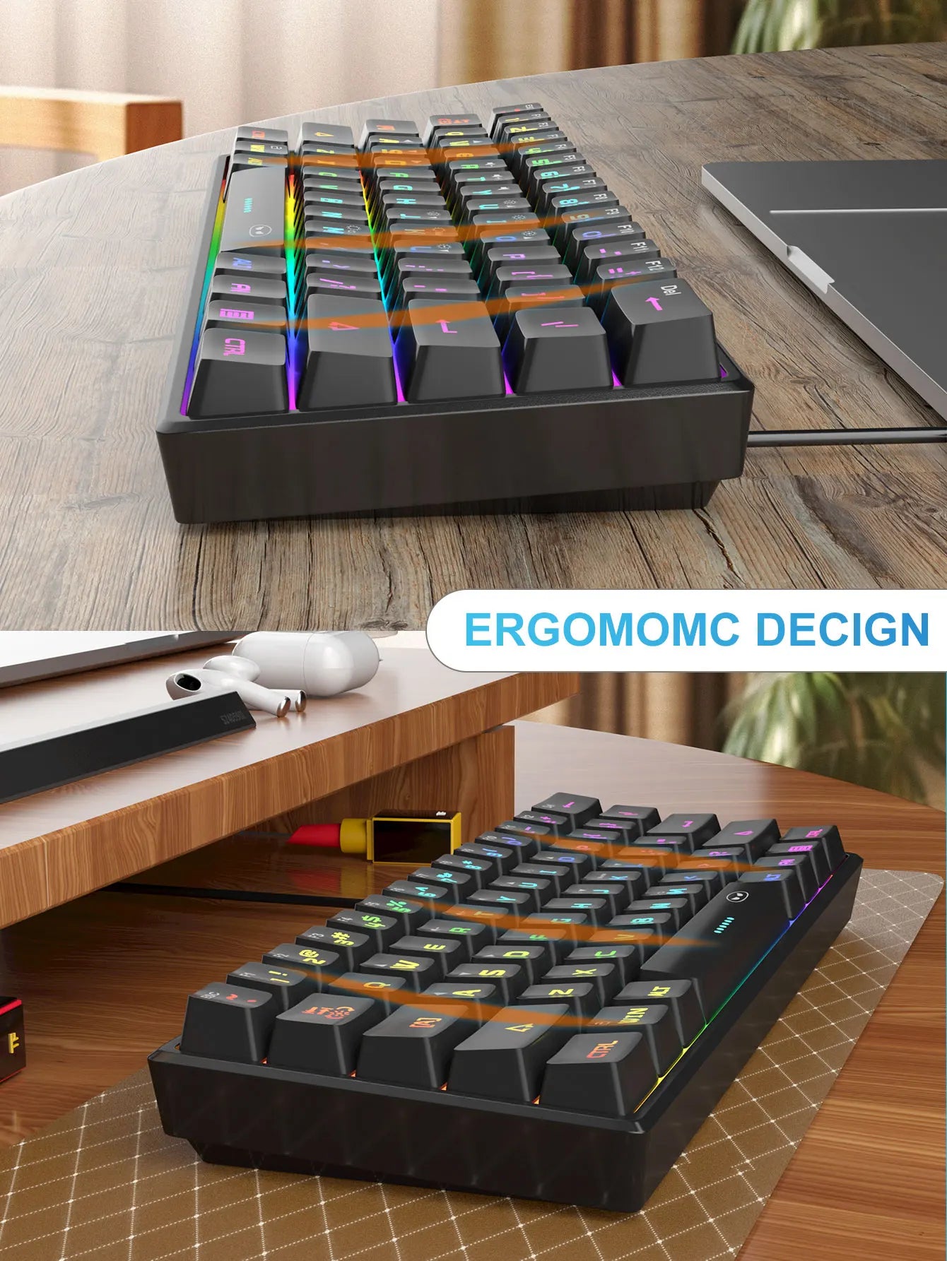 Mini Gaming Keyboard – RGB Backlit, 61-Key Compact, Waterproof & Ergonomic TS91 Design