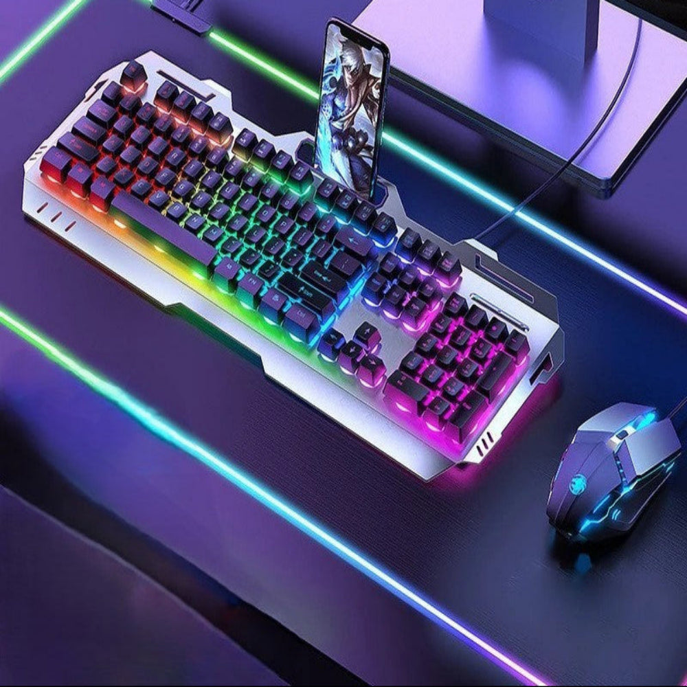 E-sports Game Mouse and Keyboard Set with RGB lighting on a desk.