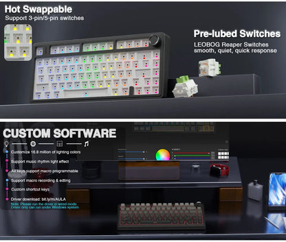 RGB Mechanical Gaming Keyboard – Gasket Mounted, Side-Engraved PBT Gradient Keycaps, 80 Keys