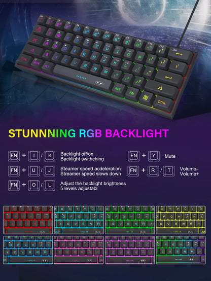 Mini Gaming Keyboard – RGB Backlit, 61-Key Compact, Waterproof & Ergonomic TS91 Design