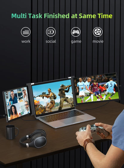 Portable Triple-Screen 14" Monitor – Full HD IPS 1080P Laptop Display Extender for 13"-16.5" Laptops - The Prime Shop
