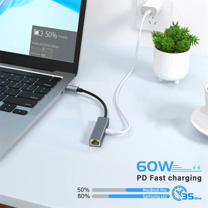 2-in-1 USB-C Network Card – PD 60W Fast Charging & 1000Mbps Ethernet Adapter for PC & Laptop
