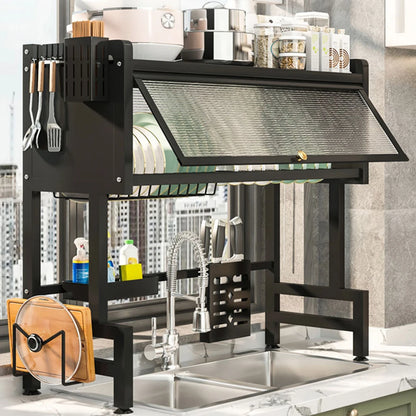 3-Tier Over-the-Sink Dish Rack – Steel Kitchen Organizer with Cover & Drain Shelf System