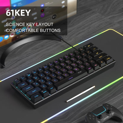 Mini Gaming Keyboard – RGB Backlit, 61-Key Compact, Waterproof & Ergonomic TS91 Design