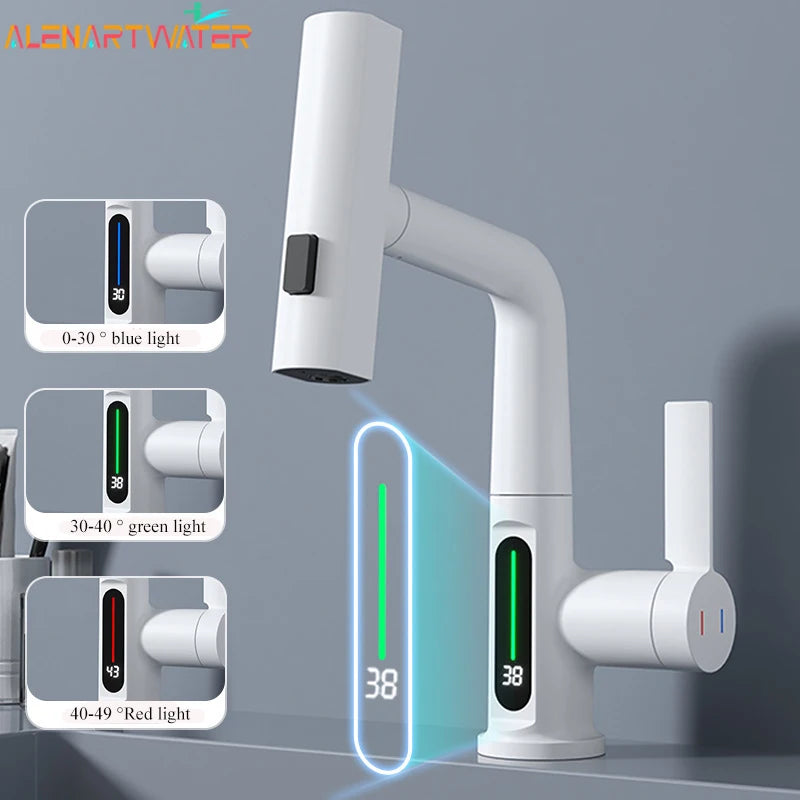 Waterfall Basin Faucet Pull-Out Kitchen & Bathroom Faucet Rainfall Temperature Digital Display No Battery SUS604 Stainless Steel - The Prime Shop