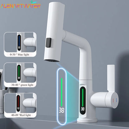 Waterfall Basin Faucet Pull-Out Kitchen & Bathroom Faucet Rainfall Temperature Digital Display No Battery SUS604 Stainless Steel - The Prime Shop