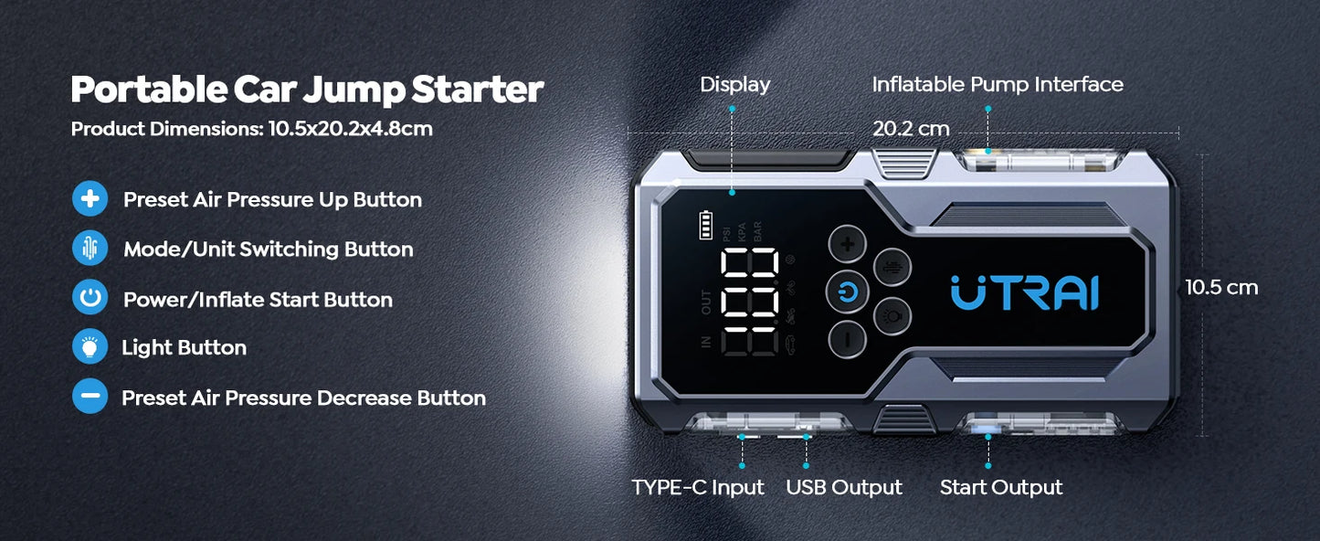 Battery Booster Jump Starter – Supports Up to 8L Diesel, Power Bank & Tire Inflator - The Prime Shop