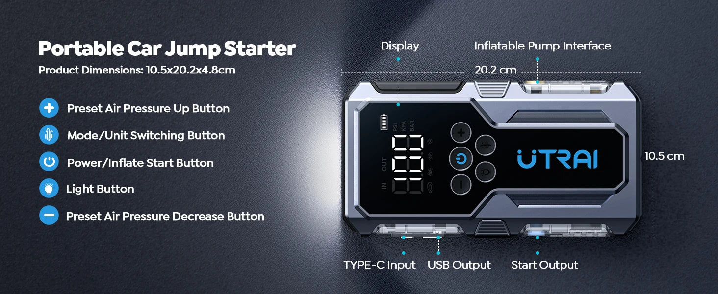 Battery Booster Jump Starter – Supports Up to 8L Diesel, Power Bank & Tire Inflator - The Prime Shop