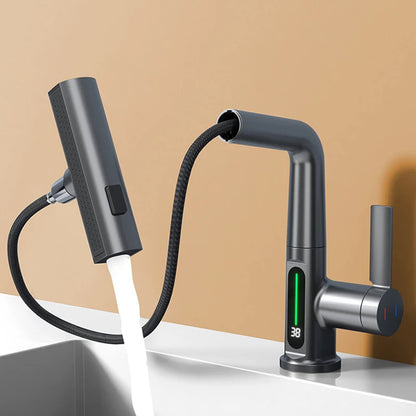 Waterfall Basin Faucet Pull-Out Kitchen & Bathroom Faucet Rainfall Temperature Digital Display No Battery SUS604 Stainless Steel - The Prime Shop